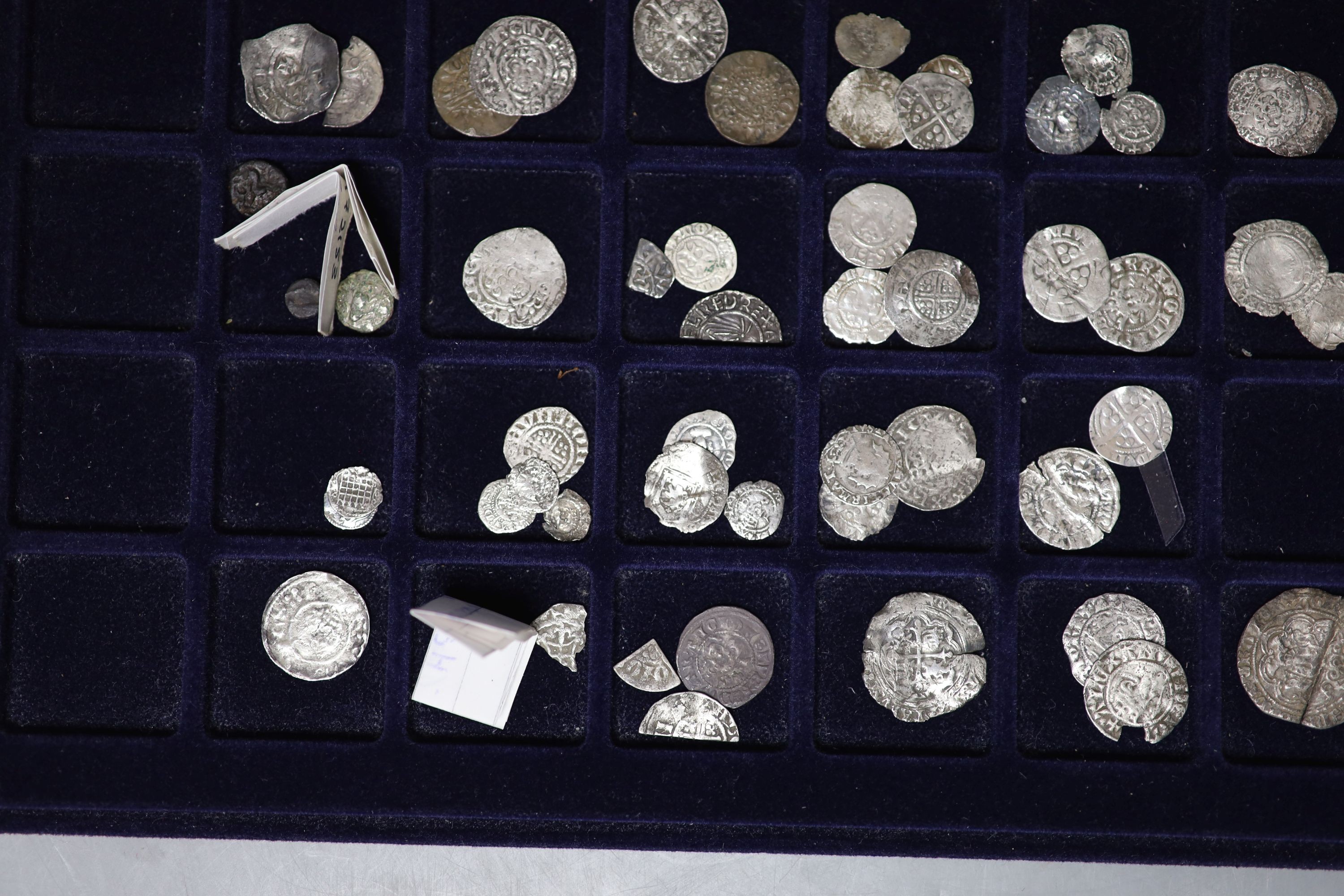 Celtic to Tudor hammered coinage - including cut half and quarter short and long cross pennies etc., one tray